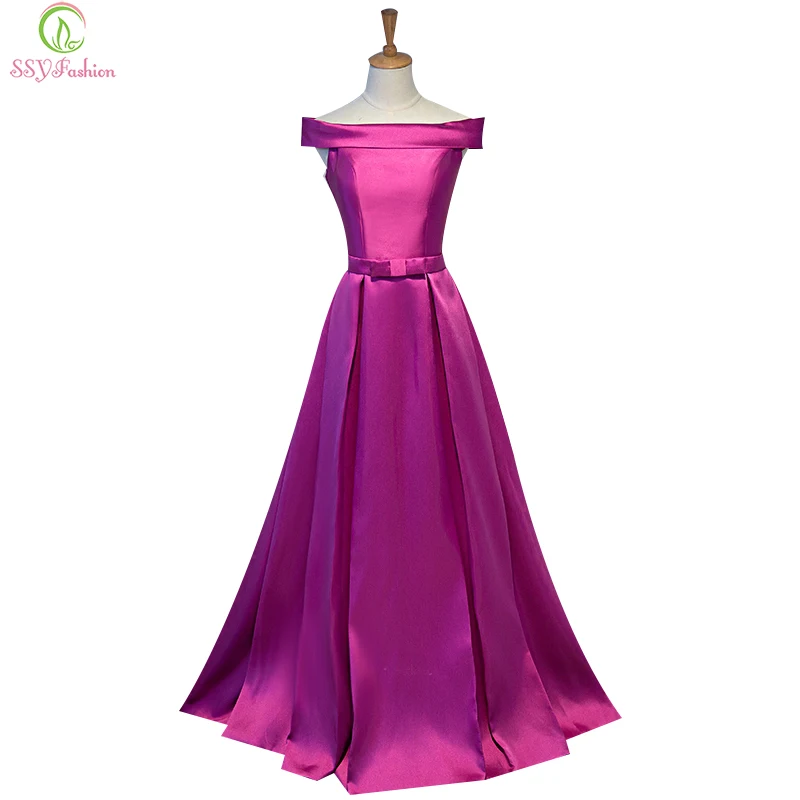 

SSYFashion Simple Long Evening Dress The Bride Banquet Satin Boat Neck Off-the-shoulder Floor-length Sexy Party Gown Custom Made