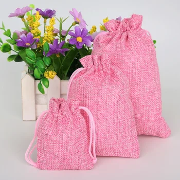 

Pink 5pcs Cotton Linen Drawstring Wedding Jewelry Decorative Bags Christmas/Wedding Gift Bags Pouch Product Packaging Bags