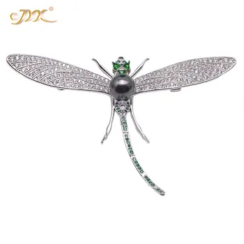 

JYX Elegant dragonfly Brooches 9.5mm natural Peacock-green Tahitian Pearl Pendant women Christmas gift fine shinning zircon pin