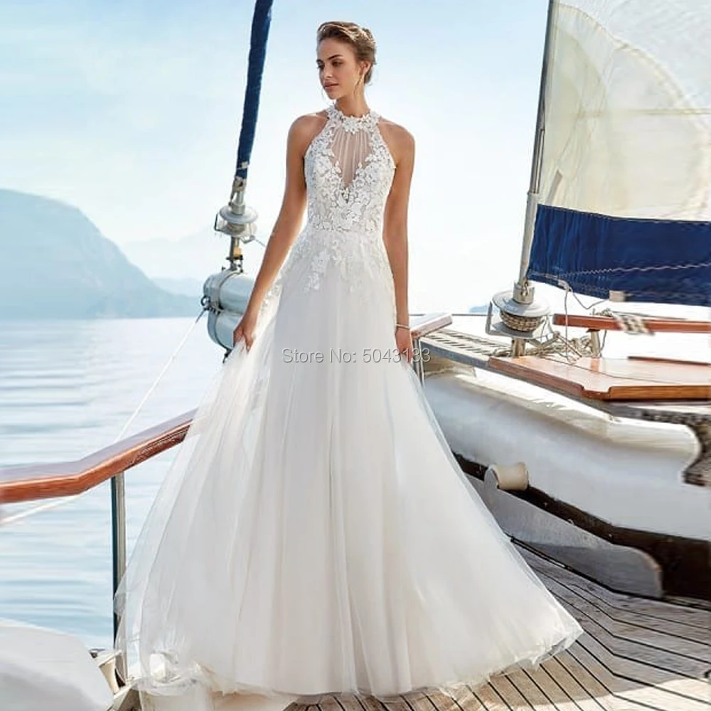 

Boho Wedding Dresses 2019 Halter A Line Lace Tulle Wedding Bridal Dress Off the Shoulder Sleeveless Floor Length Vestido Noiva