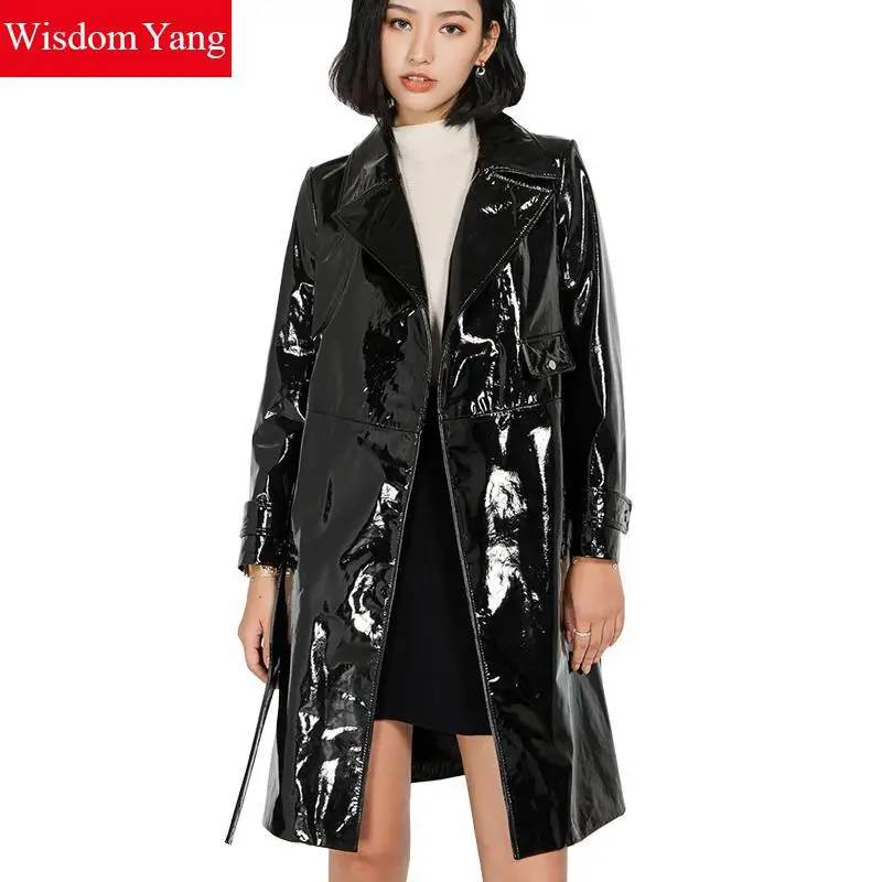 Autumn Black Real Sheepskin Genuine Patent Leather Trench Coat Womens ...