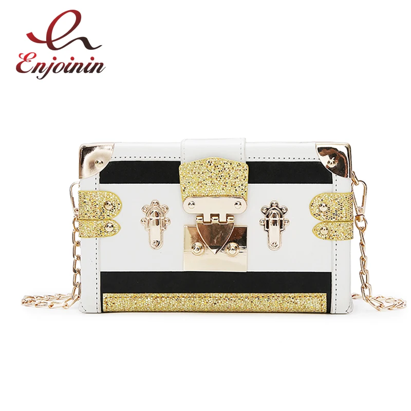 

New Arrival Stitching Color Sequin Pu Leather Box Style Party Clutch Bag Evening Bag Chain Purse Mini Shoulder Bag Messenger Bag