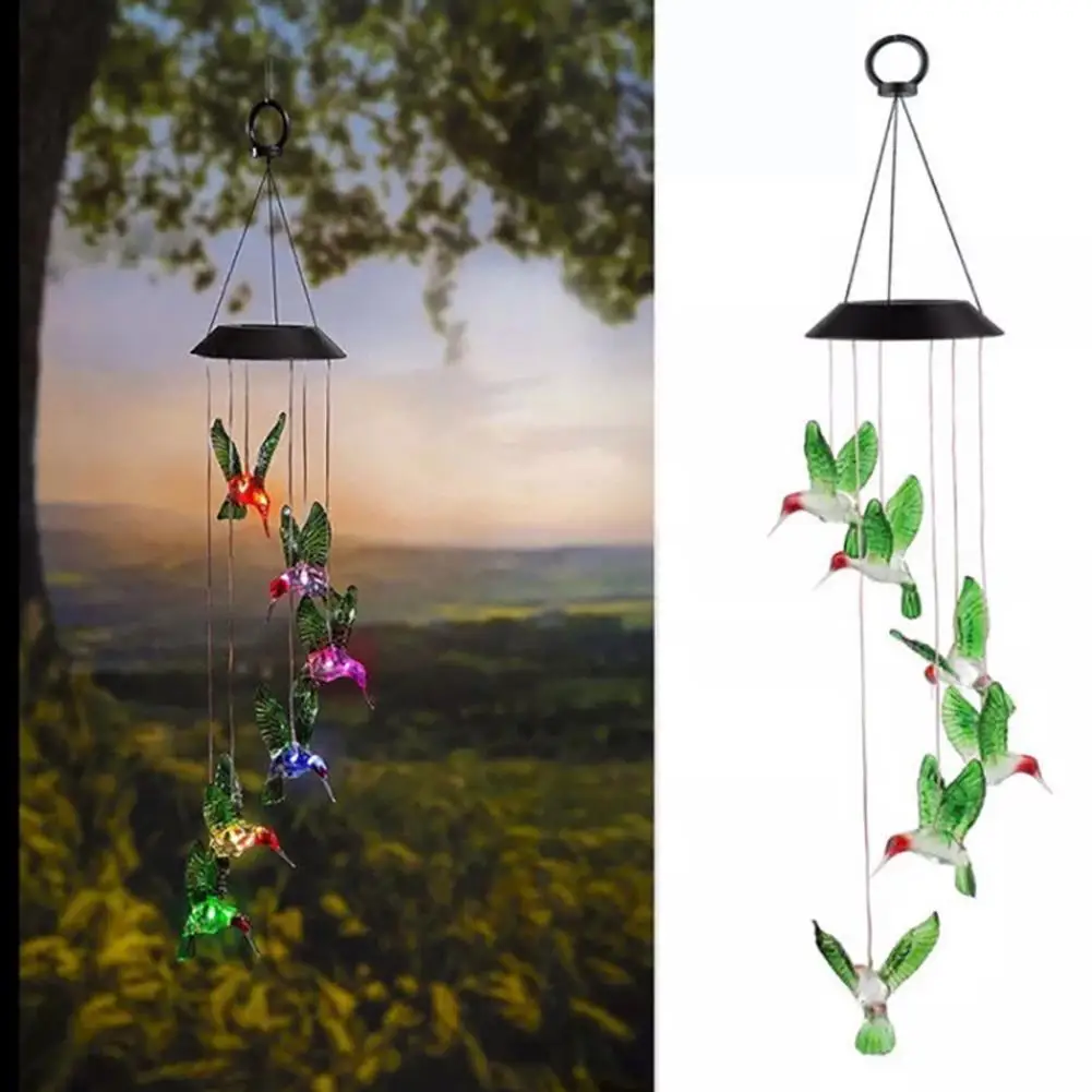 

45# Outdoor LED Solar Hummingbirds Lamp Rechargeable Wind Chime Garden Hanging Light