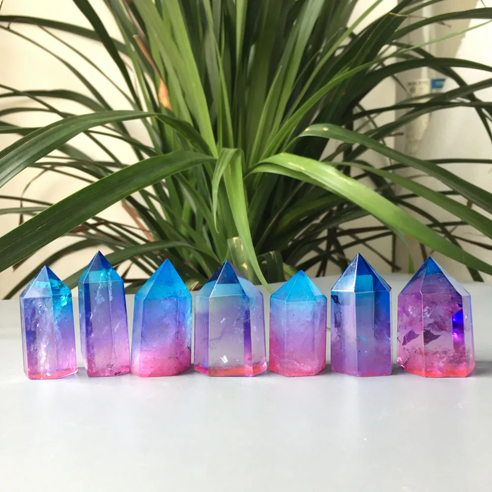 

165g 7pcs Blue Purple Aura Quartz Crystal point wand Tianium Bismuth healing