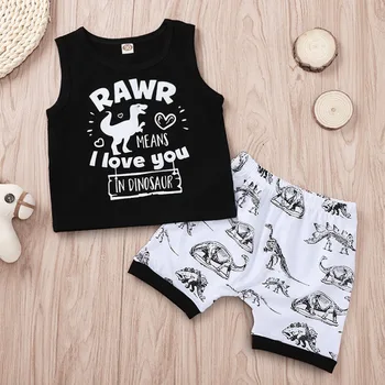 

2019 Fashion Summer Infant Baby Boy Kid Letter Cartoon Dinosaur Printed Tops Vest+Shorts Set