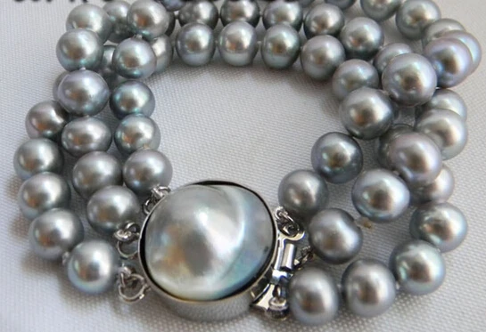 

FREE SHIPPING>>>@@ > 01458 3Strands 8'' Gray Round Freshwater Pearl Mabe Clasp Bracelet