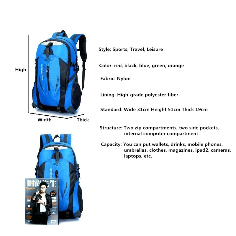 

40L Waterproof Nylon Sports Mountaineering Cell phone Backpack Women Men Outdoor Bags Hiking Camping Cycling Teenage Rucksack