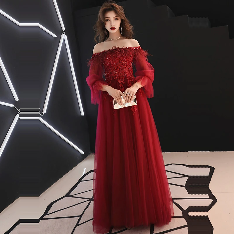

Evening Dress Long Sleeve Crystal Women Party Dresses Lace Backless Robe De Soiree 2019 Plus Size Boat Neck Formal Gowns E689