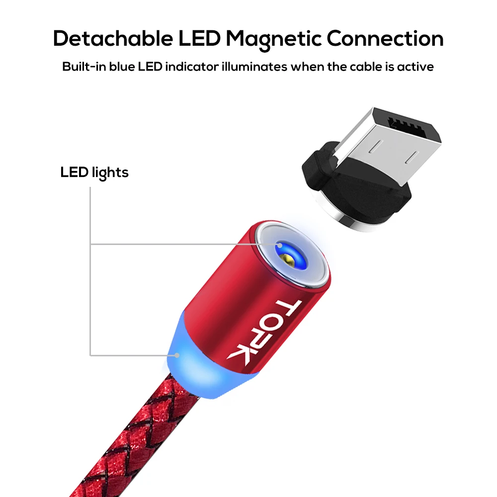 TOPK RLine1 СВЕТОДИОДНЫЙ Магнитный зарядный кабель с индикатором обновленный нейлоновый Плетеный Магнитный Micro USB кабель для samsung S7 Xiaomi Redmi 4X