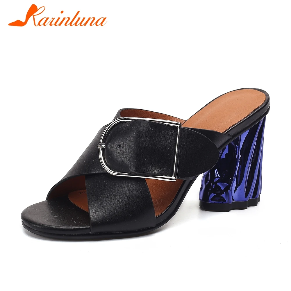 

KARINLUNA Brand New Fashion Big Size 33-42 Ladies High Heels women's Genuine Leather Shoes Woman Casual Summer Slippers 2019