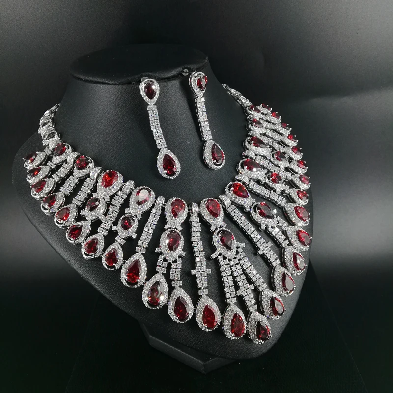 Новая мода Роскошный Клеопатра красная капелька Циркон Свадебное ожерелье набор, свадебный наряд, ужин, бал вечерние ювелирные изделия