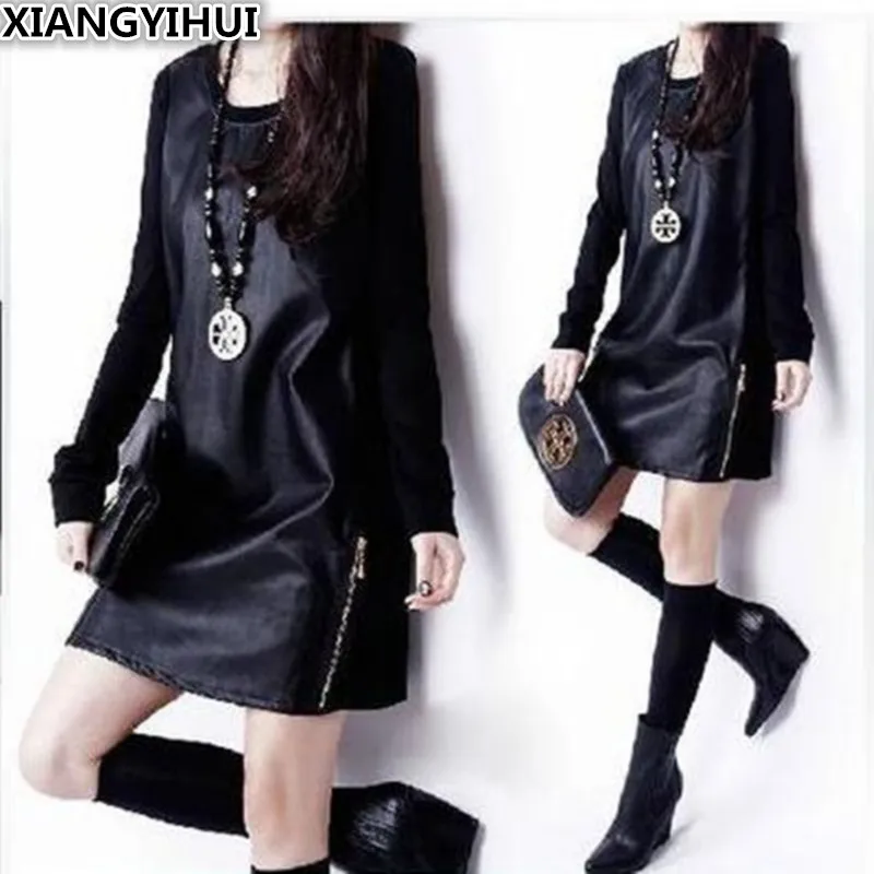 Plus Size Dress2017 Autumn European Winter Women Faux PU Leather OL temperament stitching long Sleeve black Knee-Length Dress Plus Size Dress2017 Autumn European Winter Women Faux PU Leather OL temperament stitching long Sleeve black Knee-Length Dress