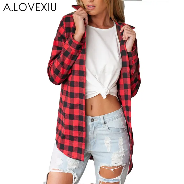 blouses women plaid shirt Flannel Shirt Women Black And Red Ladie Top ...