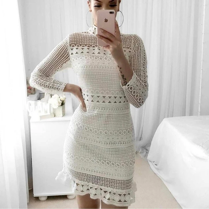 INDRESSME сексуальное кружевное мини Водолазка с длинным рукавом, однотонное модное осеннее красивое женское Бандажное платье, новое поступление