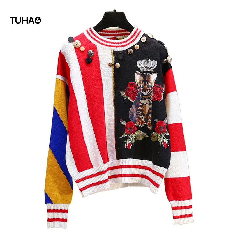 

TUHAO Sueter Mujer Invierno 2018 Floral Crown Cat Buttons Runway Sweater Streetwear Color Patchwork Embroidery Women Tops T14006