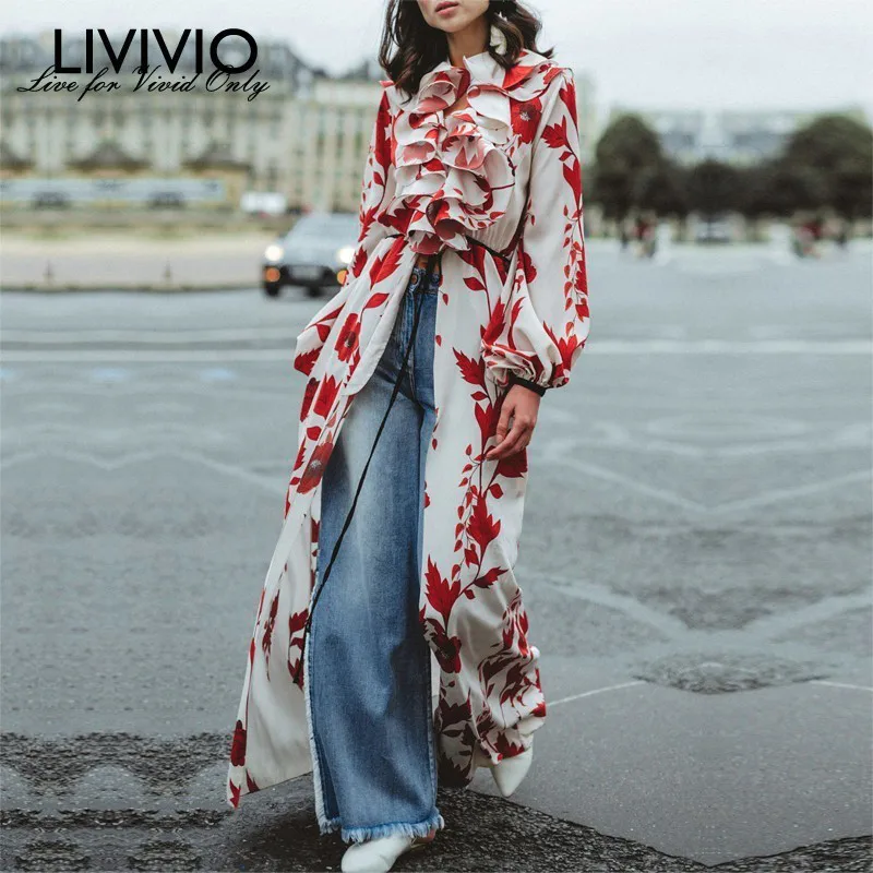 

[LIVIVIO] High Split Print Dresses Women Lantern Sleeve Patchwork Ruffle Female Dress Elegant Spring 2019 Fashion Clothing