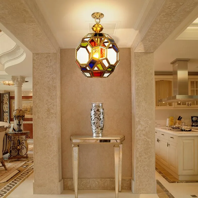 

New Sale European Copper E27 LED Fixture Lamp American Balcony Hanging Lamp Aisle Entrance Glass Chandelier Lighting Fixtures