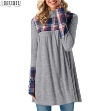 BIUBIU женские свободные повседневные Длинные Топы клетчатое лоскутное платье-водолазка с длинными рукавами осенние длинные топы женские офисные женские платья