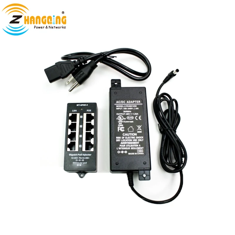 Hot Sale 100Mbps 4port PoE Injector With 48V 60W Power Supply For Networking IP Camera IP Phone WiFi Access