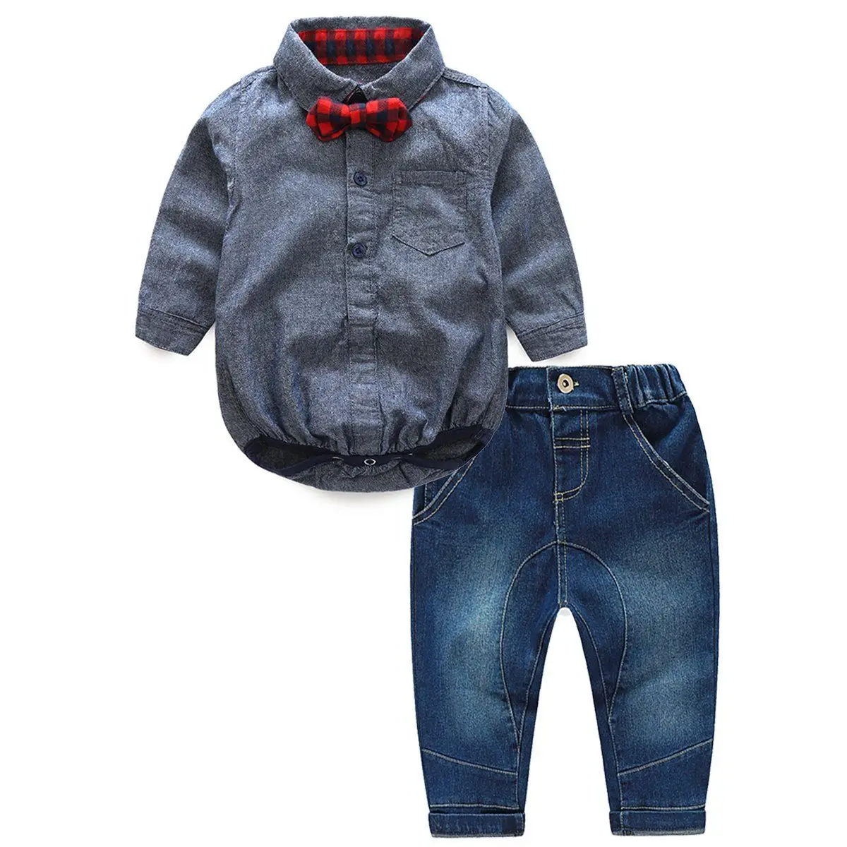2pcs Newborn Kids Baby Boy Gentleman Clothes Romper Shirt+Jeans Pants