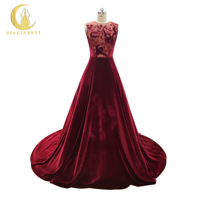 

JIALINZEYI Real Image Dark Red Velour Crystal Beads A-line Hot Sale Evening Dress Elegent Luxurious formal dresses For Sale
