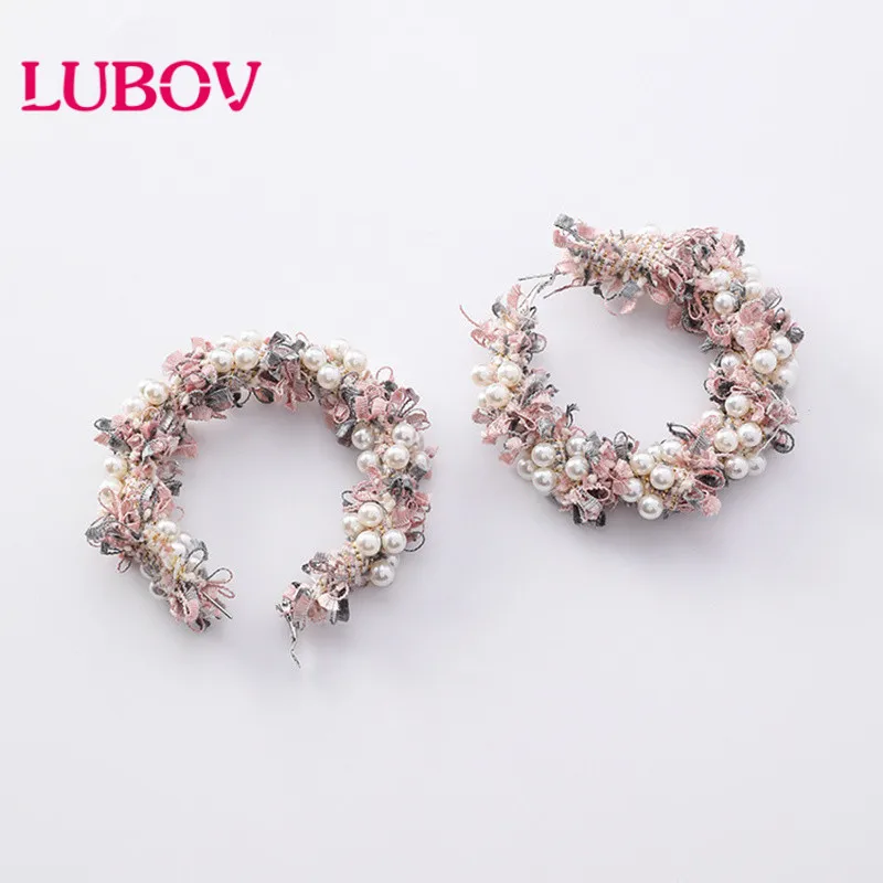 

LUBOV Korean New Fashion Lace Wreath Big Circle Earrings For Women Handmade Simulated Pearl Statement Dangle Oorbellen 2019