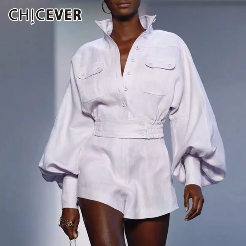 

CHICEVER White Shirt Shorts Women Two Piece Sets Lantern Sleeve Blouse Female High Waist Sashes Suits Summer Fashion Clothes New