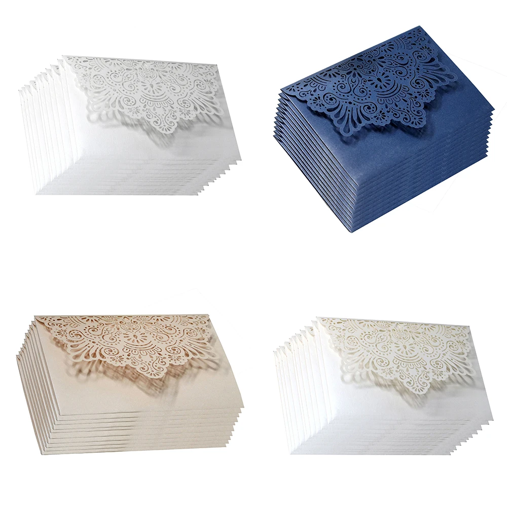 10Pcs 화이트 샴페인 블루 레이저 컷 고귀한 식물 결혼식 초대장 카드 우아한 레이스 호의 봉투 결혼식 파티 장식