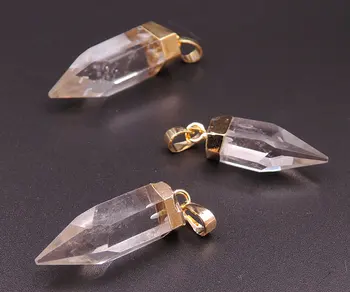 

Clear Quartz Crystal Hexagonal Column Point Pendant Of Gold Cladding 30-35 mm Long