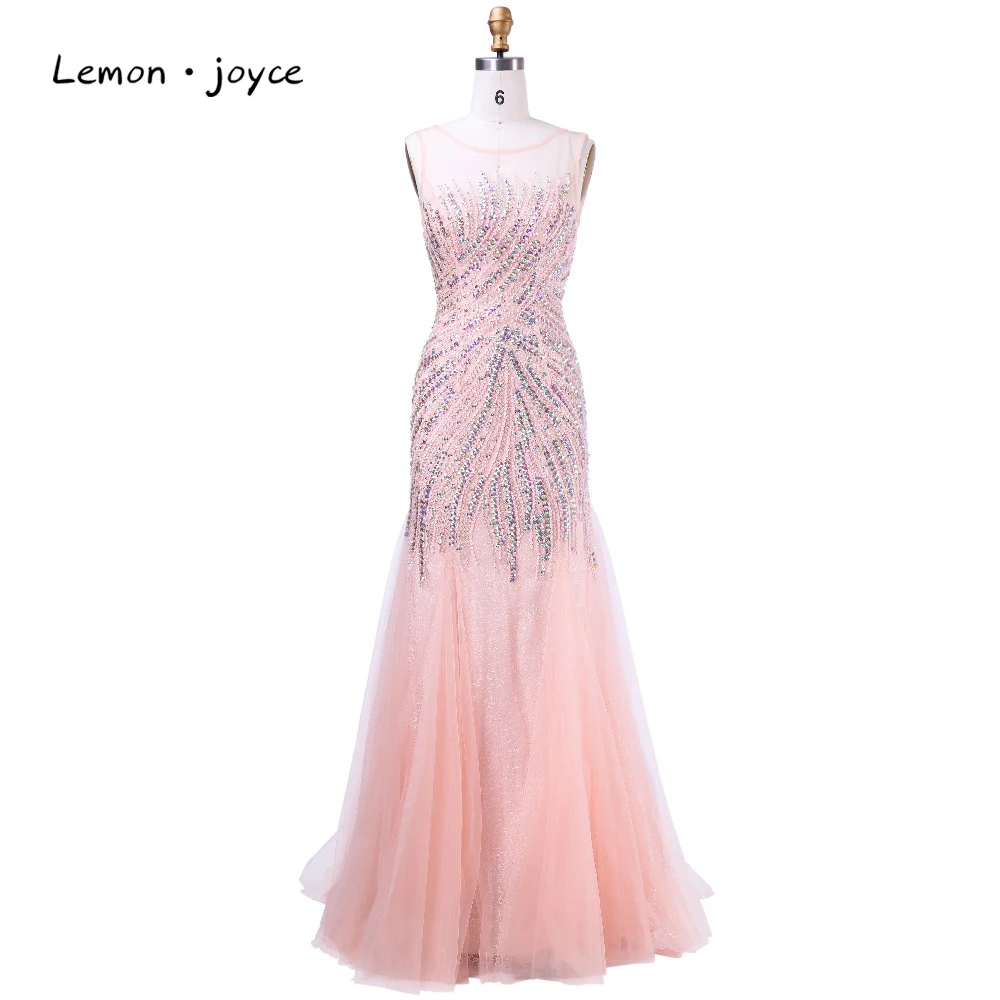 Formal Light Pink Evening Dresses Mermaid 2018 New Design O-neck Backless Beading Crystal Floor-length Tulle Party Gowns | Свадьбы и