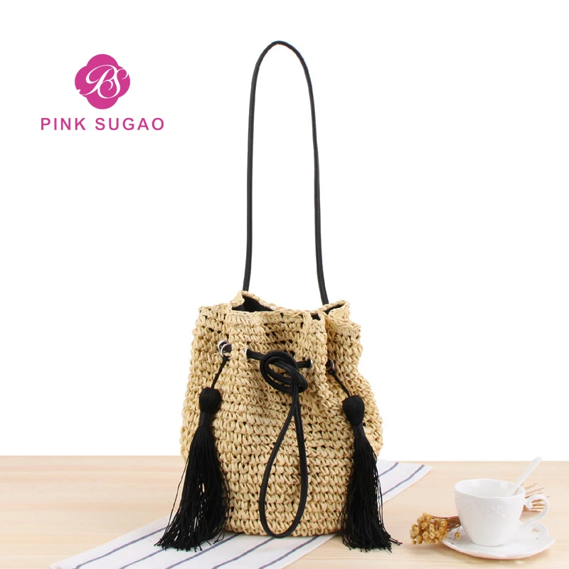 

Pink Sugao handbag handmade straw bag crossbody bags for women tassel purses and handbags lady shoulder bag in bucket beach bag