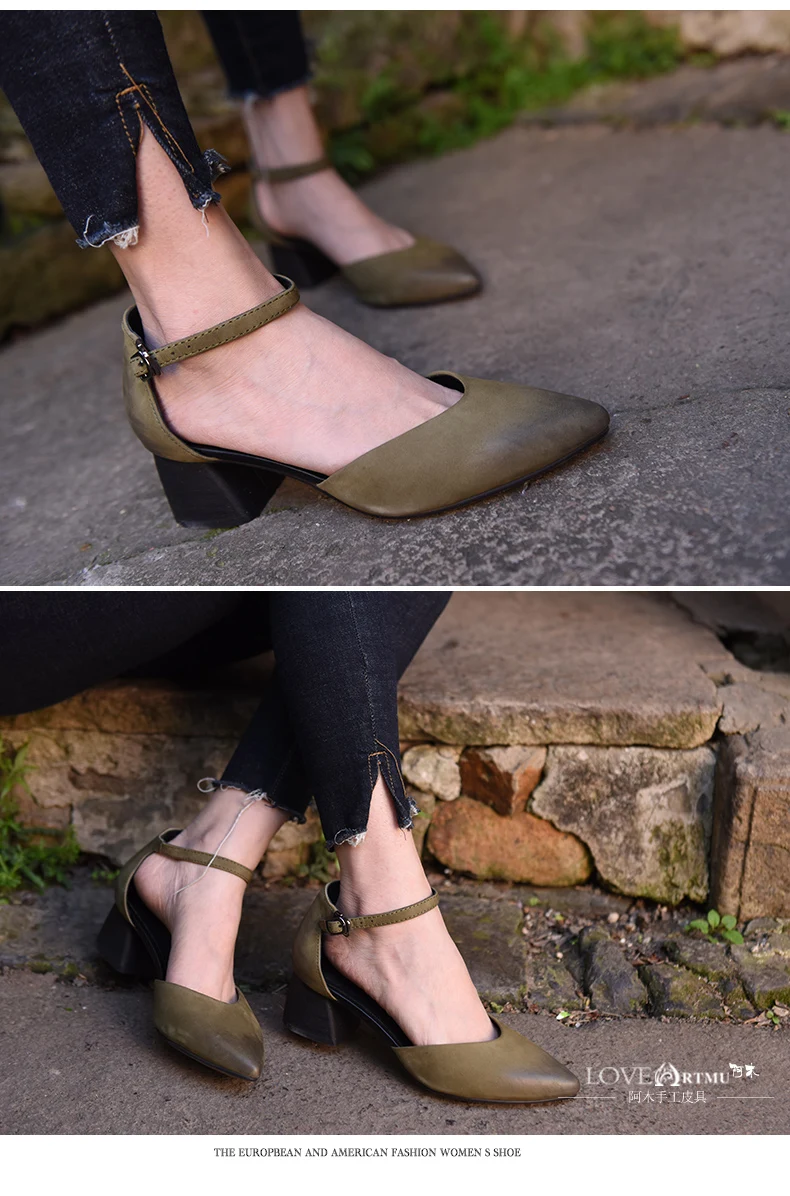 Artmu/оригинальные женские босоножки в стиле ретро Женская обувь ручной работы из натуральной кожи с острым носком на толстом каблуке с пряжкой рабочая обувь A98-1