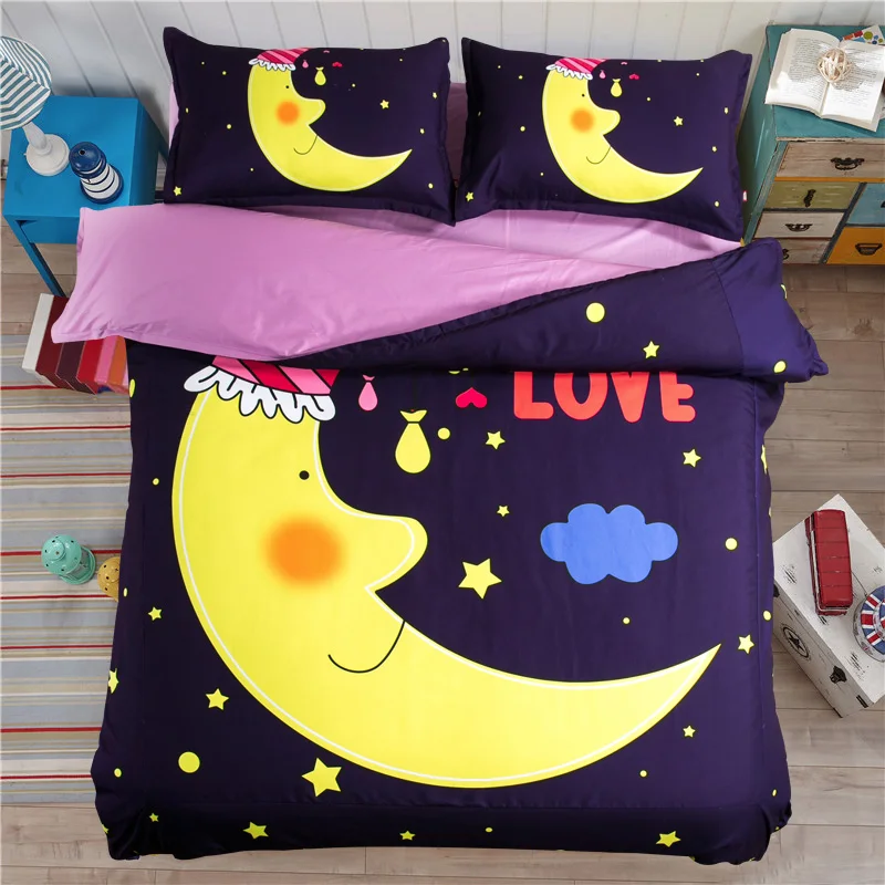 

Free shipping children cartoon yellow lovely curved moon 3/4pcs twin/single full queen size bedding set without filler