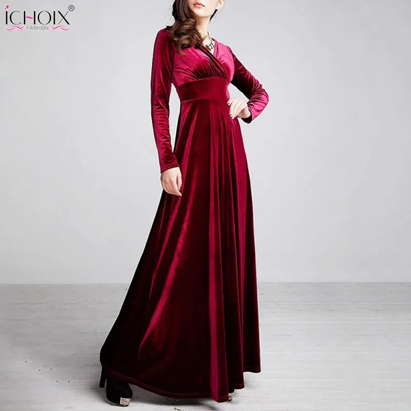 

ICHOIX Winter Women Velvet Long Dress Elegant Evening V-Neck Long Sleeve Solid Dresses Party Robe Hiver 2019 Femme Vintage Dress