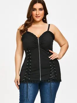 

Wipalo Womens Fashion Spaghetti Strap Tops Criss Cross Zipper Up Plus Size 5XL Slip Top T-Shirt Summer Sleeveless Cami Strap Top