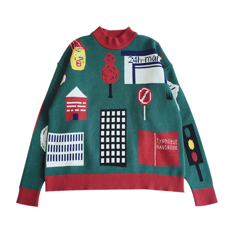 

Winter Vintages Women Sweaters Spring Autumn Ladies Thicken Pullovers Knitwear Splicing Patterns Cute Letters Sweater Kinted Top