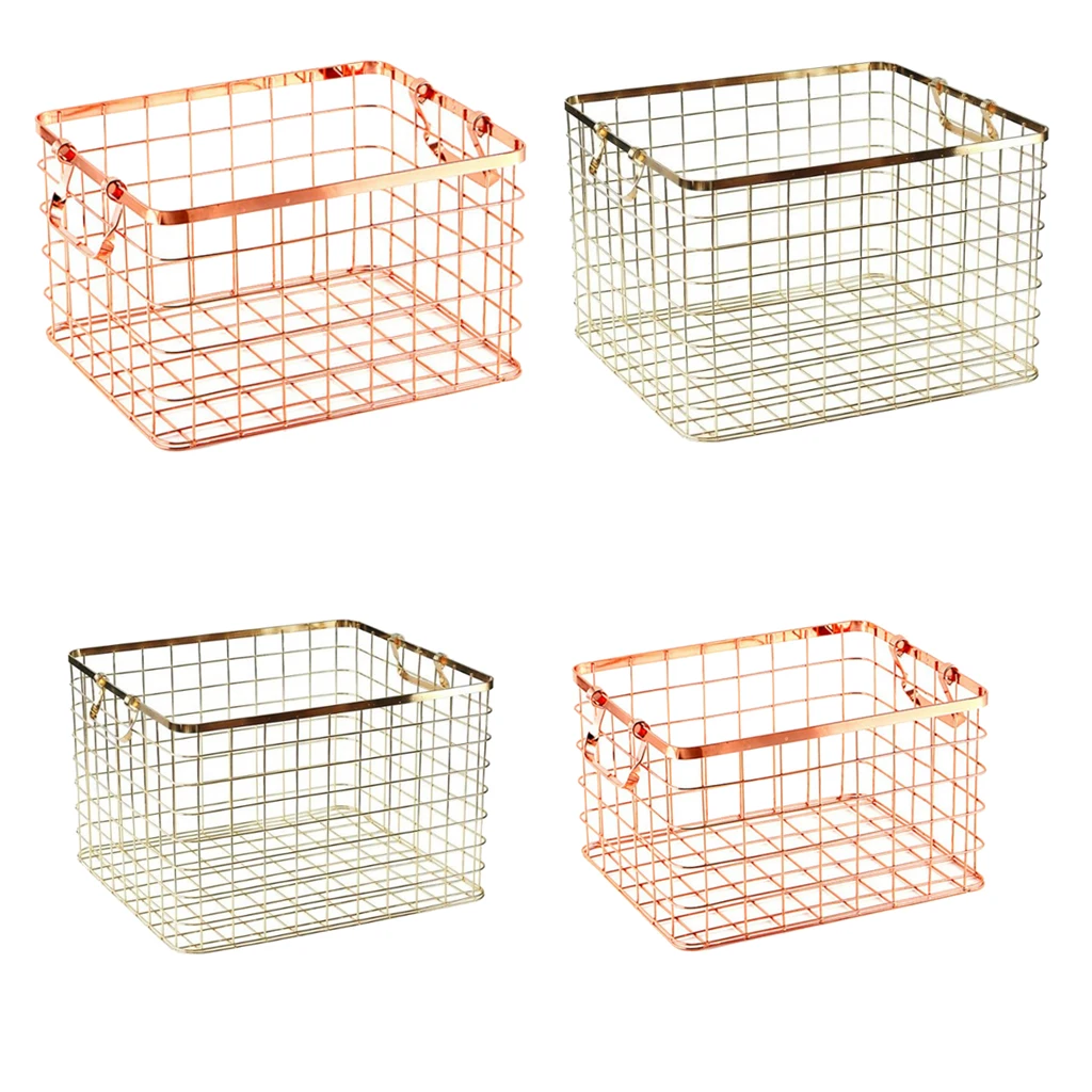 Metal Wire Dirty Clothes Basket Laundry Storage Bin Baskets with 2 Handles-Rose Gold Luxurious Texture