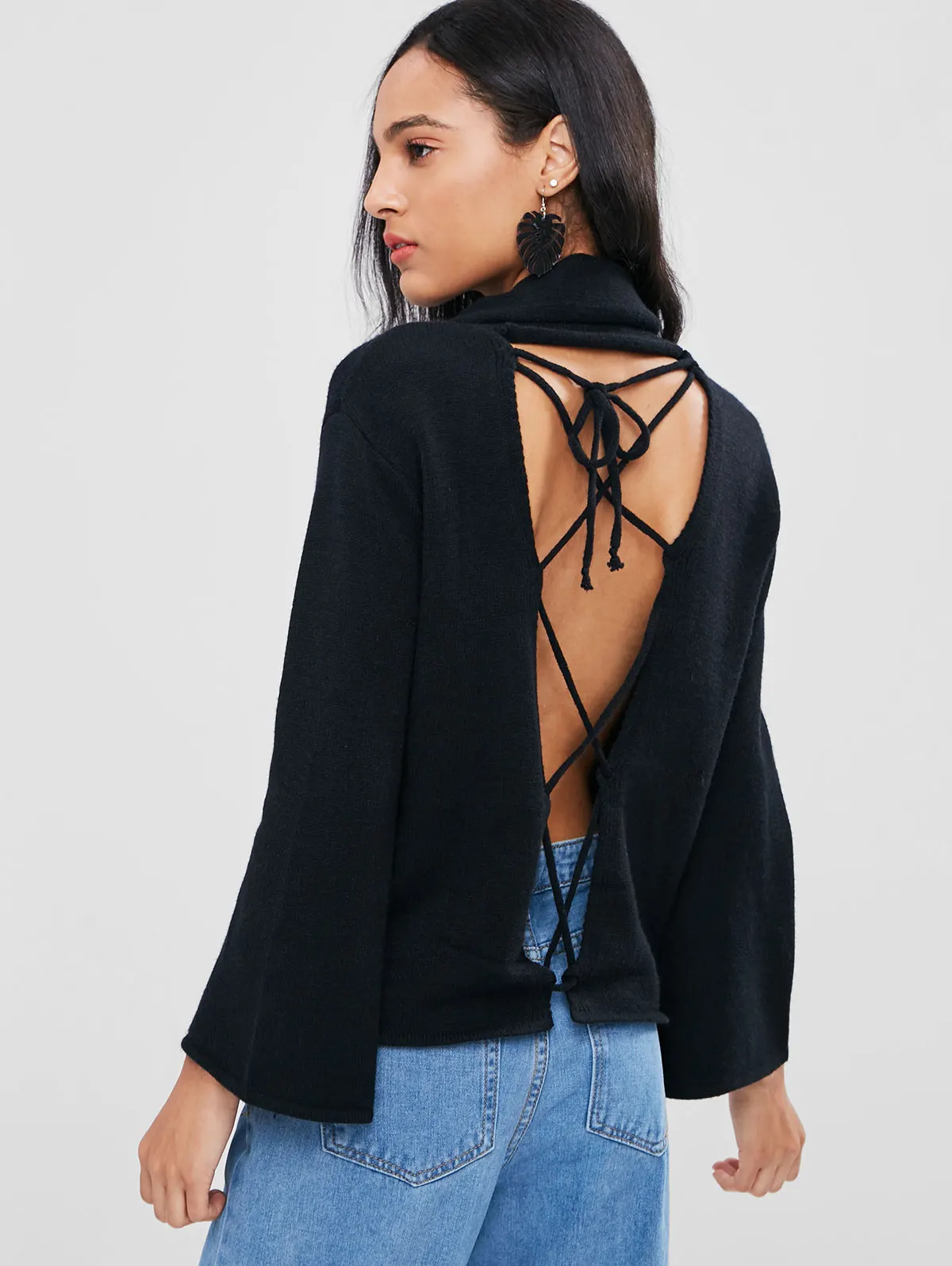 Wipalo 2018 Lady�s Sweater Lace Up Cowl Neck Open Back