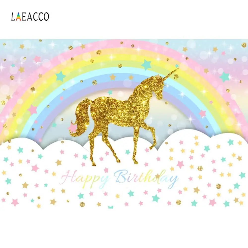 

Laeacco Rainbow Gold Unicorn Backdrop Photography Birthday Party Shiny Star Photocall Polka Dots Baby Portrait Photo Background