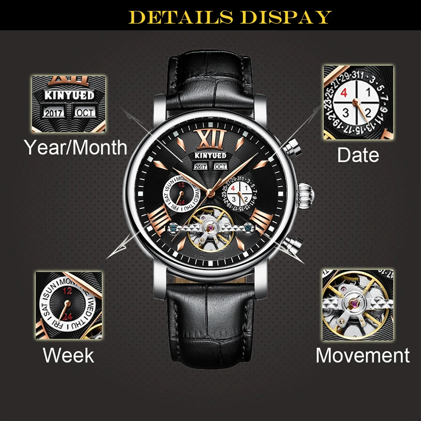 KINYUED автоматические механические часы для мужчин Tourbillon вечный календарь Скелет