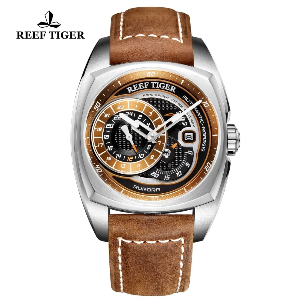 

Reef Tiger/RT 2019 Fashion Sport Watch Brown Leather Strap Men Watch Waterproof Automatic Watch Relogio Masculino RGA3319