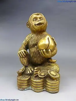 

China brass copper carved Feng Shui yuan bao Peach monkey Sculpture Statue