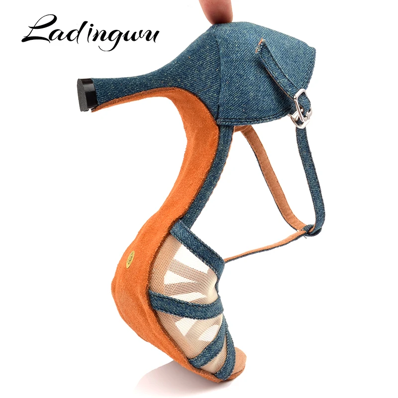 Ladingwu New Denim And Net Latin Dance Shoes Woman's Comfort Professional Salsa Shoes Dancing Cuba Heel Dance Shoes sandals 4