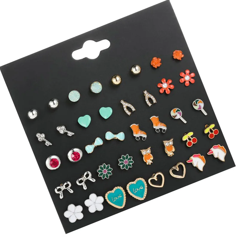 20 пар/компл. милые животные и принтом в виде сердечек, маленькие серьги-гвоздики для девочек ожерелье со стразами эмалевая серьга Набор для Для женщин