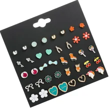 20 пар/компл. милые животные и принтом в виде сердечек, маленькие серьги-гвоздики для девочек ожерелье со стразами эмалевая серьга Набор для Для женщин