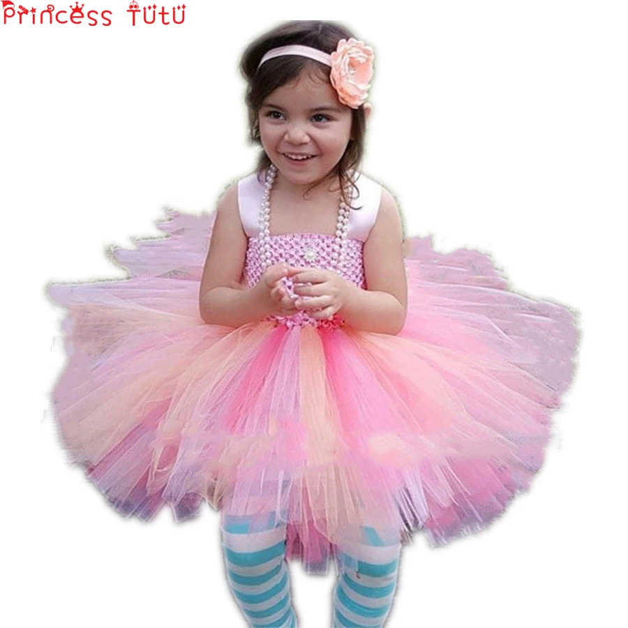 

Cute Pretty Girls Flower Girl Peach Coral Pink Pastel Knee length Smash Cake Birthday Wedding Kids Girls tutu dress PT250