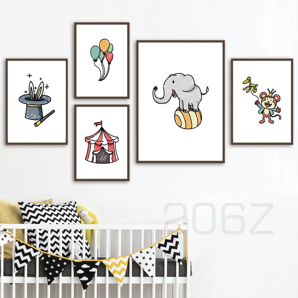 

Cartoon Elephant Balloon Monkey Circus Troupe Wall Art Canvas Painting Nordic Posters And Prints Wall Pictures Kids Room Decor