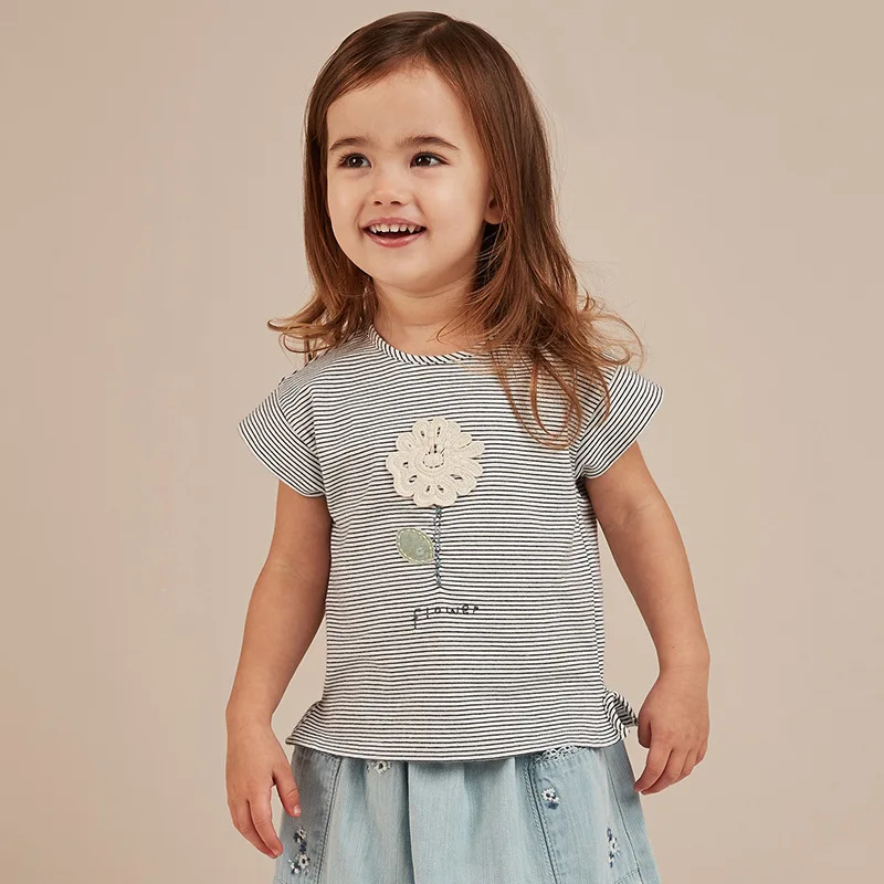 Little maven/детская одежда; коллекция года; летняя одежда для маленьких девочек; футболка в полоску с цветочной аппликацией; хлопковые брендовые футболки; 51347