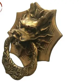 

China Fengshui Bronze Foo Dog Dragon Kylin Door Holder Gate Knockers a pair