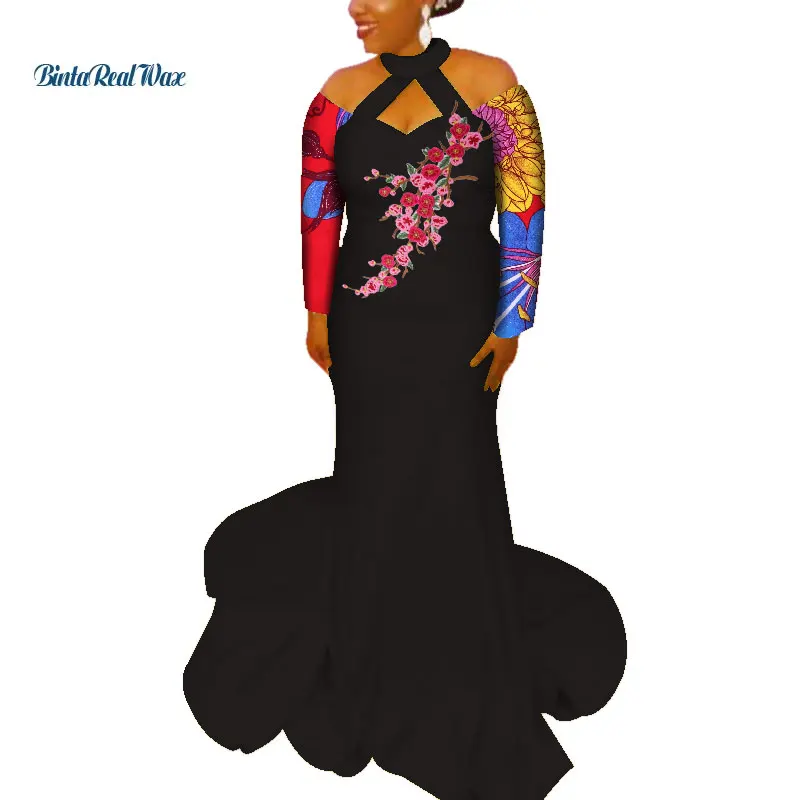 Новые африканские платья для женщин Воск Принт Аппликация Длинные платья Vestido Bazin Riche Dashiki Женская африканская Дизайнерская одежда WY3787
